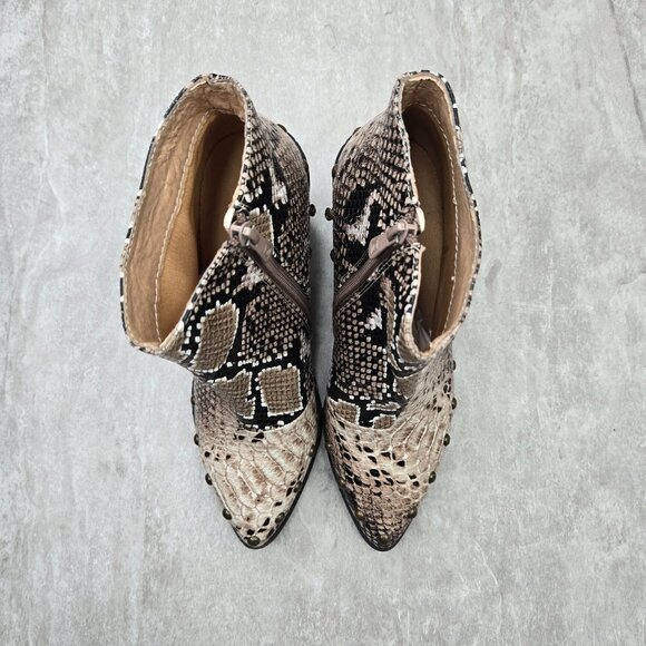 Nasty Gal Snake Print Boots Tan Black Block Heel Western Pointed Ankle Booties - Picture 2 of 12